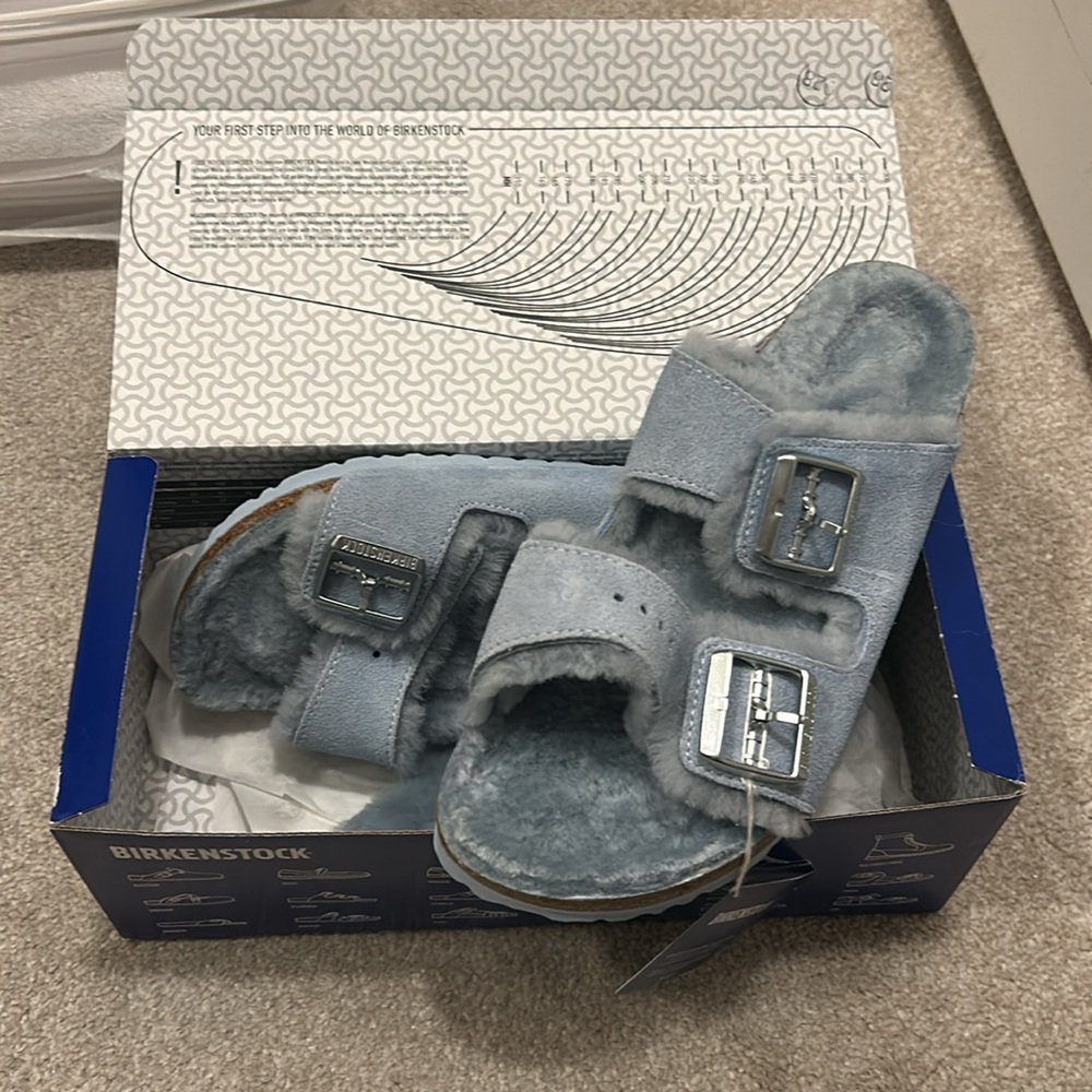 BIRKENSTOCK | ARIZONA FUR SHEARLING SANDAL | LIGHT BLUE- Brand new, in box w/tag